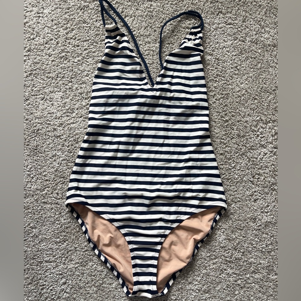 J.Crew Striped Navy & White One Piece Swimsuit 10